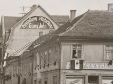 drei alte Negative - SA Marsch durch mir unbekannte geschmückte Stadt - Werbung Ausstellung Wohnräume Georg John.
